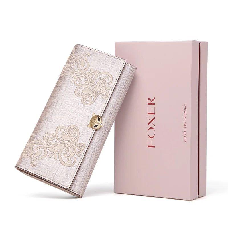 Floral Split Leather Clutch Wallet for Women - Foxer Fashion Card Holder with Phone and Coin Pockets