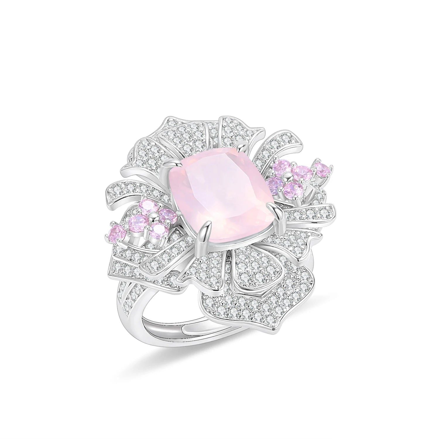 Flower Gemstone Ring Natural Rose Quartz in 925 Silver