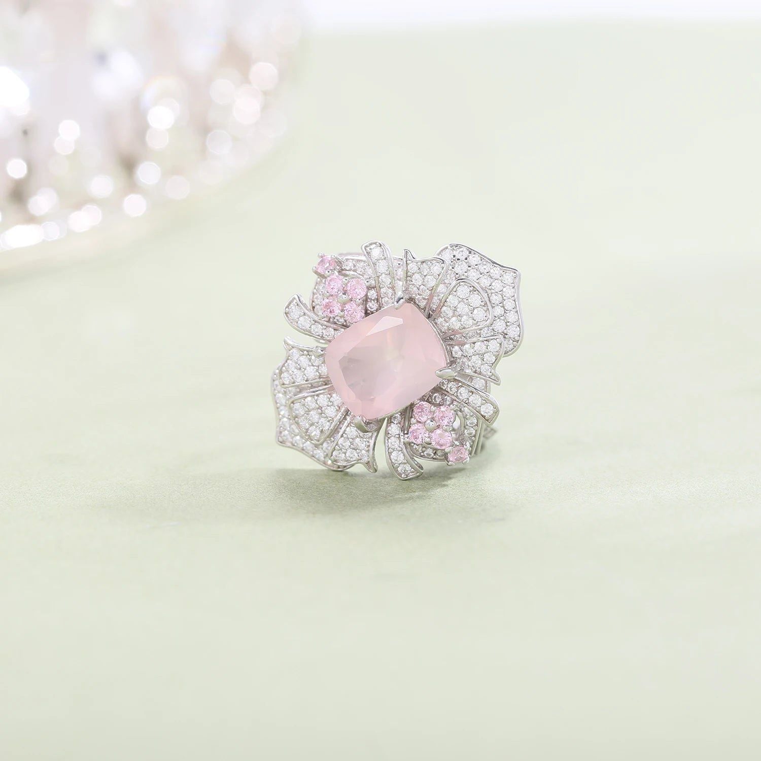 Flower Gemstone Ring Natural Rose Quartz in 925 Silver