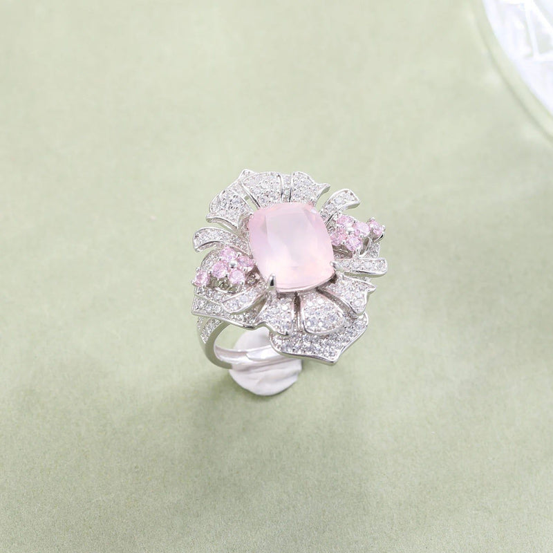 Flower Gemstone Ring Natural Rose Quartz in 925 Silver