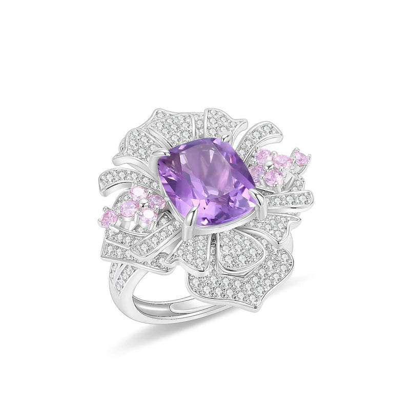 Flower Gemstone Ring Natural Rose Quartz in 925 Silver