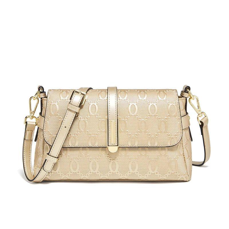 Foxer 2024 Women's Fashionable Split Leather Crossbody Bag with Dual Straps and Gold Accents