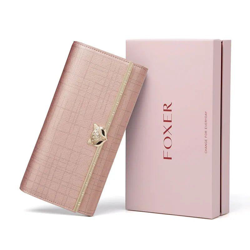 Foxer Women's Luxe Split Leather Long Wallet - Chic Clutch Bag & Credit Card Holder for Festivals and Everyday Style