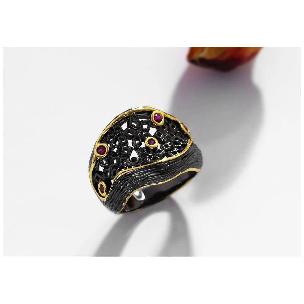 Fuchsia CZ Bezel Hollow Pattern Cocktail Ring - Hip Hop Jewelry Design