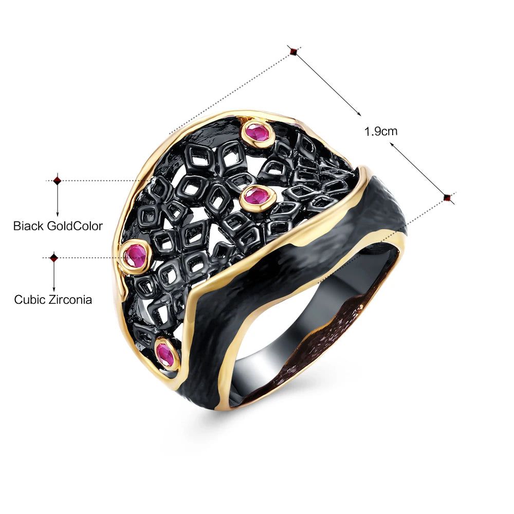 Fuchsia CZ Bezel Hollow Pattern Cocktail Ring - Hip Hop Jewelry Design