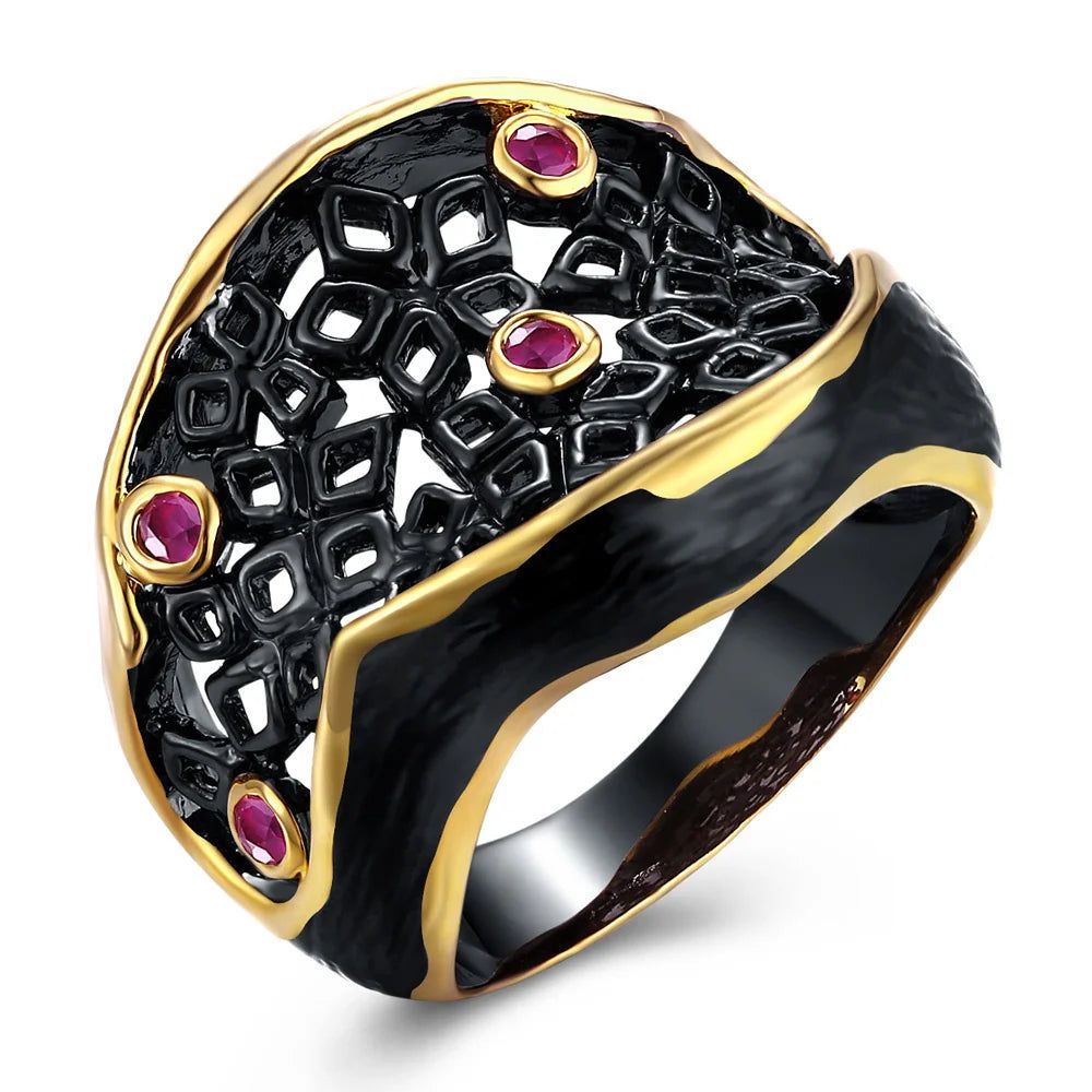 Fuchsia CZ Bezel Hollow Pattern Cocktail Ring - Hip Hop Jewelry Design