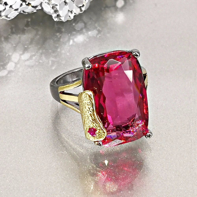 Fuchsia Elegance: Modern Neo-Gothic Love Ring with Shiny Cubic Zirconia