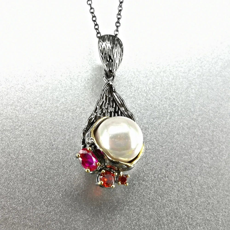 Fuchsia Red Zircon Pearl Flower Pendant Necklace - Exquisite Love Jewelry