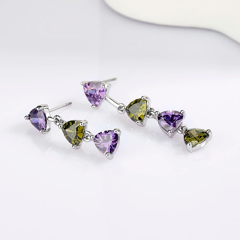 Geometric Asymmetric Triangle Drop Earrings in Olivine Green & Purple Zircon