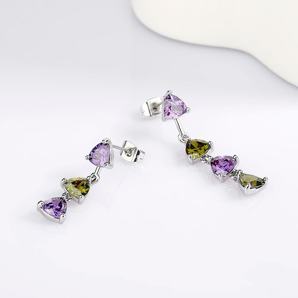 Geometric Asymmetric Triangle Drop Earrings in Olivine Green & Purple Zircon