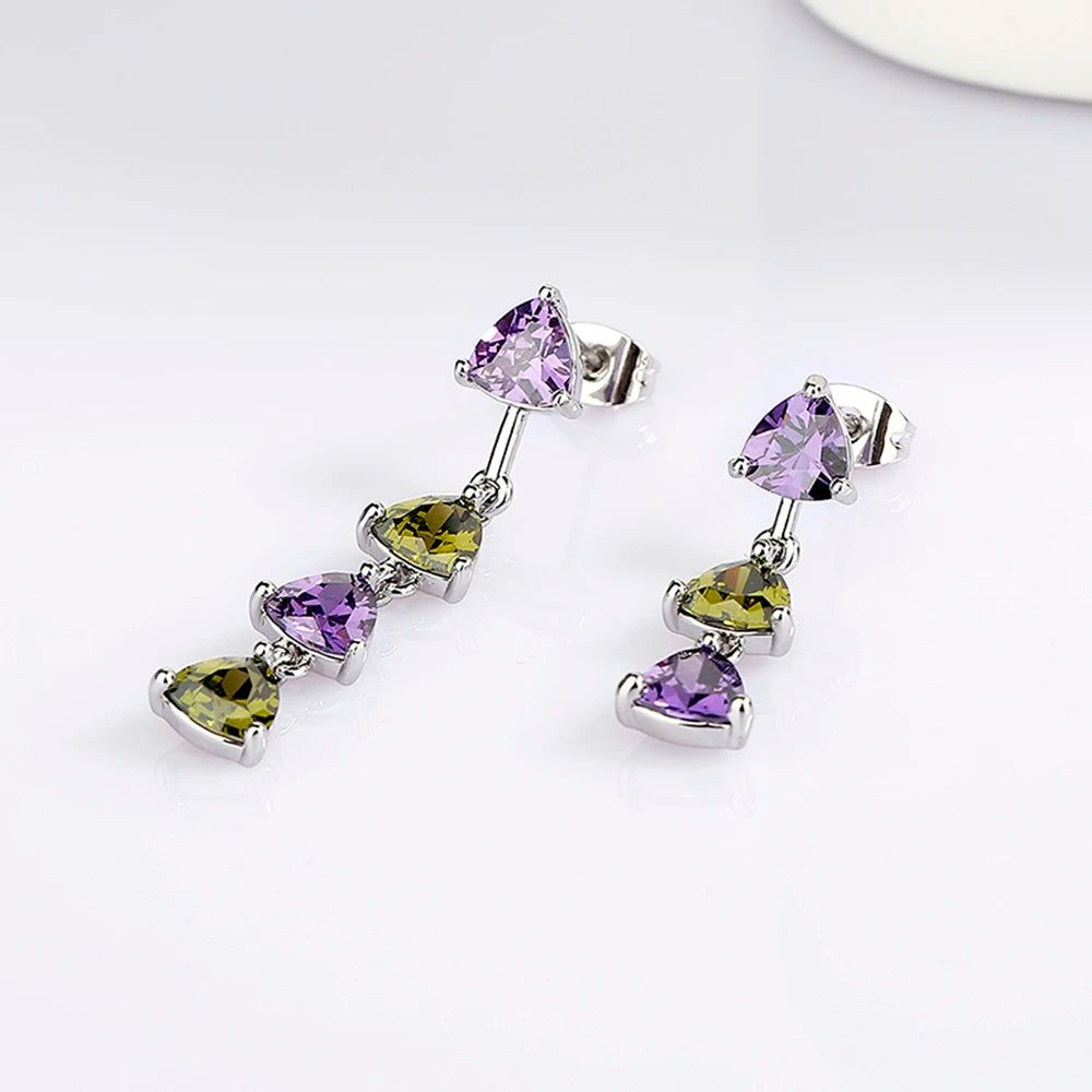 Geometric Asymmetric Triangle Drop Earrings in Olivine Green & Purple Zircon