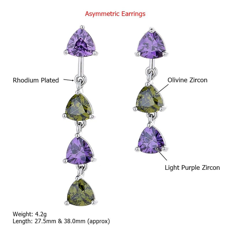 Geometric Asymmetric Triangle Drop Earrings in Olivine Green & Purple Zircon