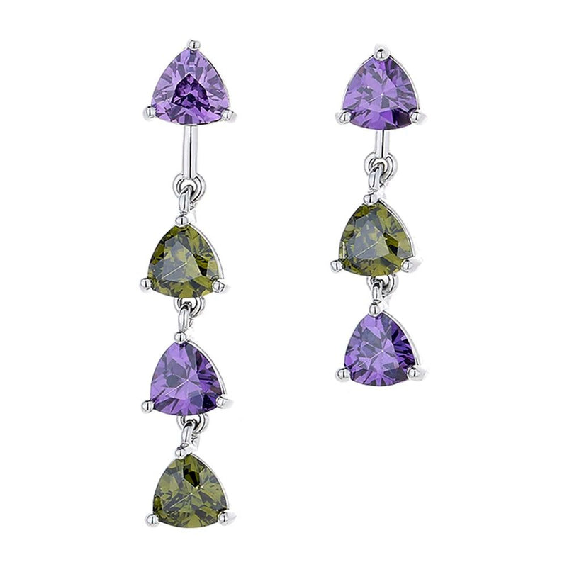 Geometric Asymmetric Triangle Drop Earrings in Olivine Green & Purple Zircon