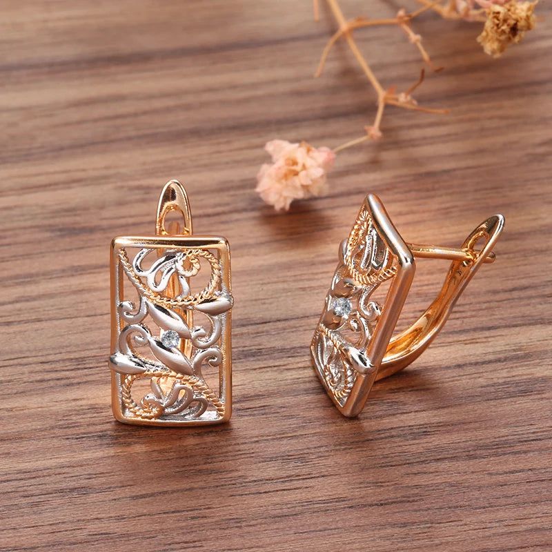 Geometric Boho Floral Stud Earrings in Silver and 585 Rose Gold - Trendy Fashion Jewelry