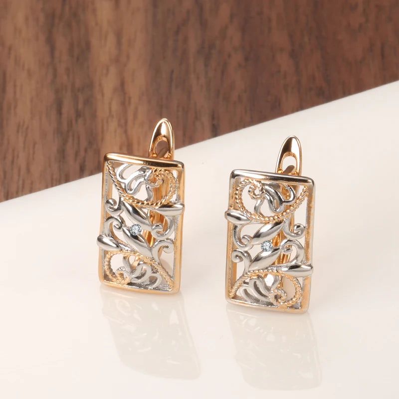 Geometric Boho Floral Stud Earrings in Silver and 585 Rose Gold - Trendy Fashion Jewelry