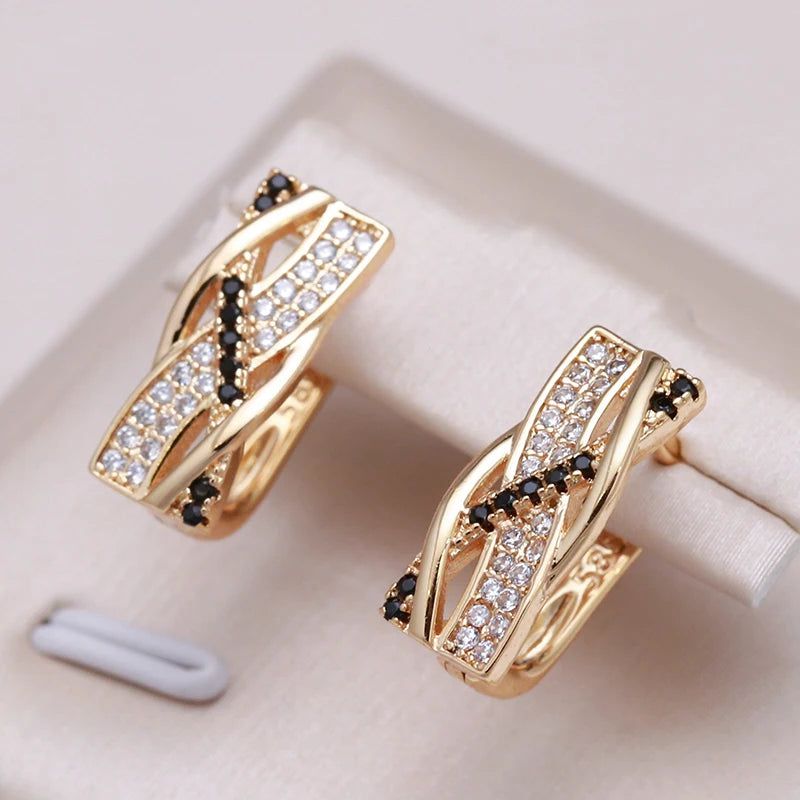 Geometric Cross Drop Earrings in 585 Rose Gold with Black Natural Zircon - Vintage Style Jewelry