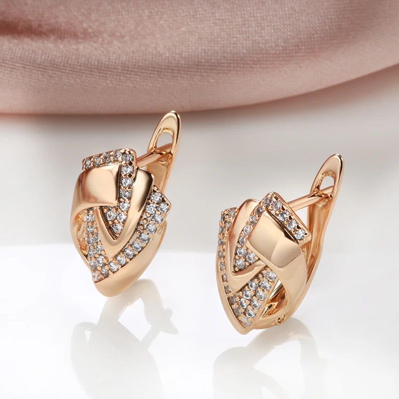 Geometric Elegance: 585 Rose Gold Color Drop Earrings with Natural Zircon Inlay