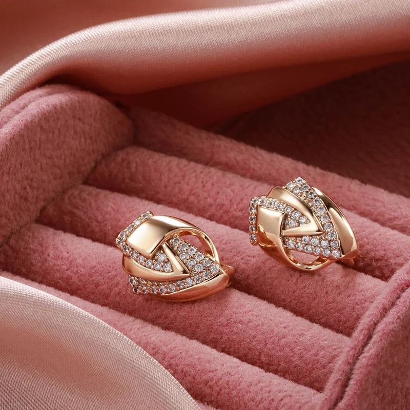 Geometric Elegance: 585 Rose Gold Color Drop Earrings with Natural Zircon Inlay