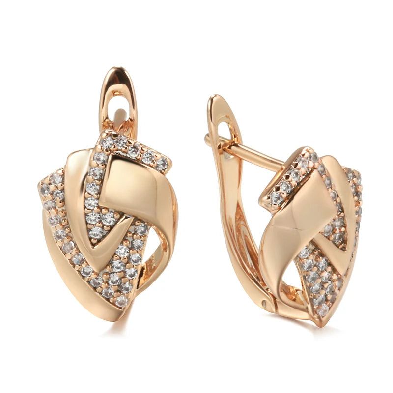 Geometric Elegance: 585 Rose Gold Color Drop Earrings with Natural Zircon Inlay