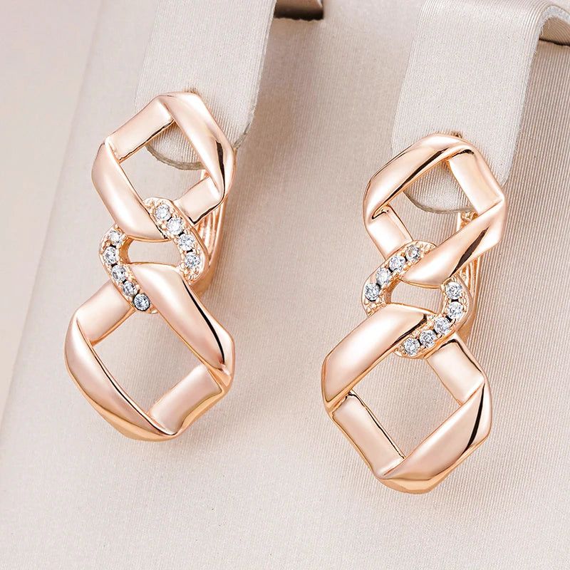 Geometric Elegance: 585 Rose Gold Drop Earrings with Natural Zircon