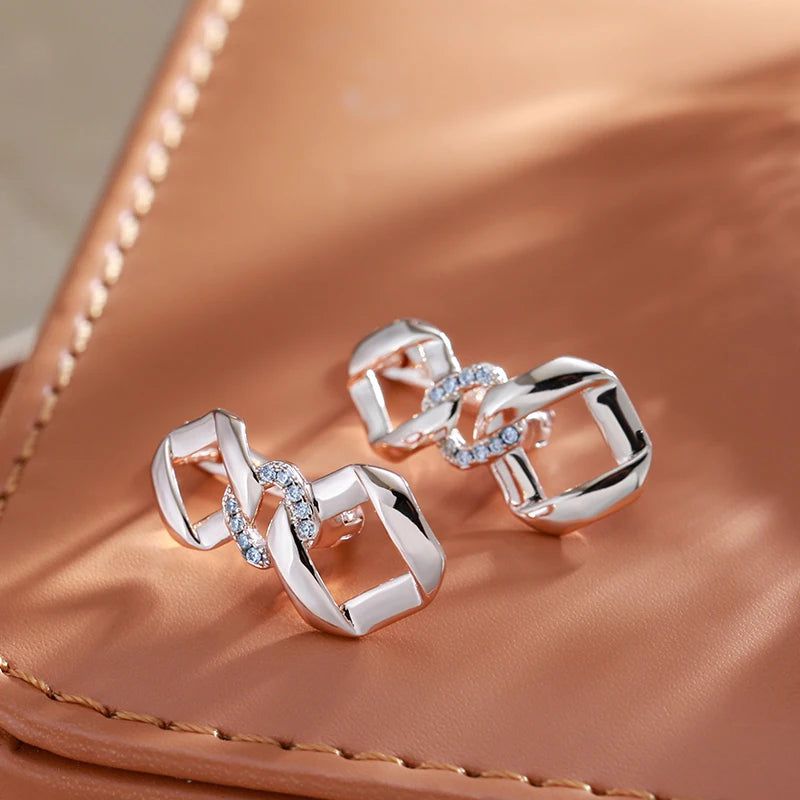 Geometric Elegance: 585 Rose Gold Drop Earrings with Natural Zircon