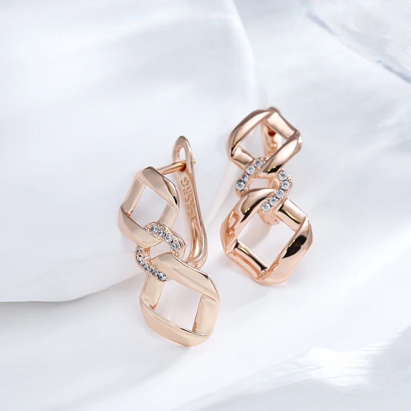 Geometric Elegance: 585 Rose Gold Drop Earrings with Natural Zircon