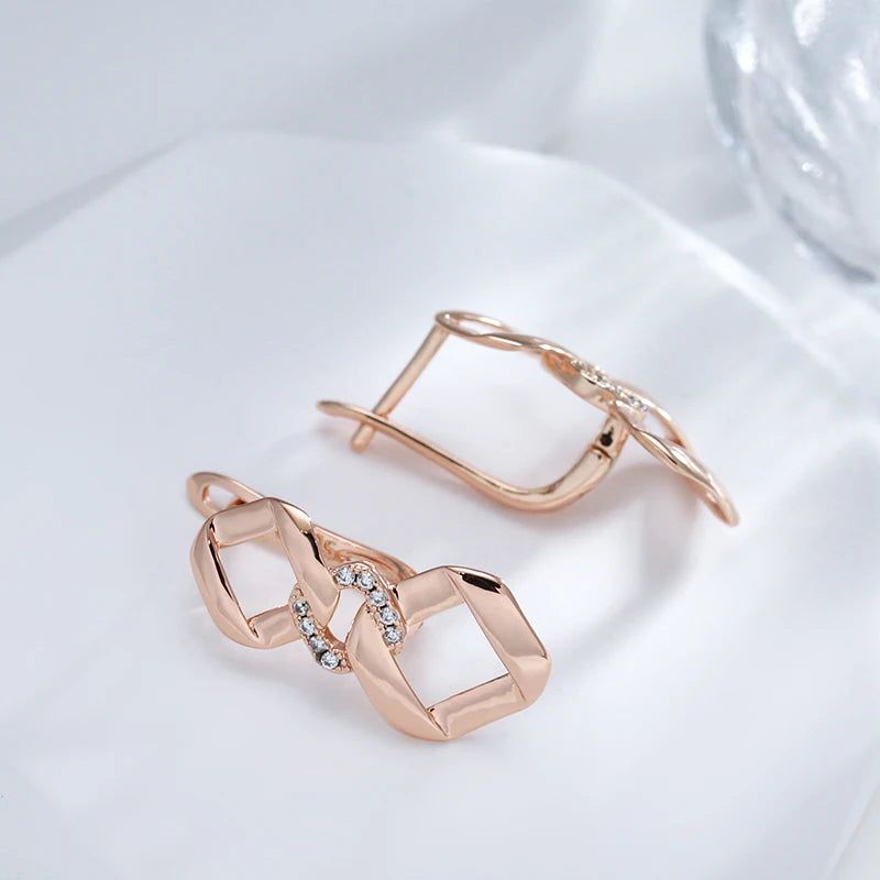 Geometric Elegance: 585 Rose Gold Drop Earrings with Natural Zircon