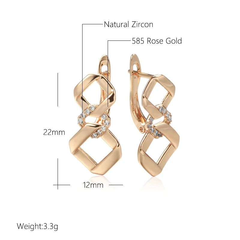 Geometric Elegance: 585 Rose Gold Drop Earrings with Natural Zircon