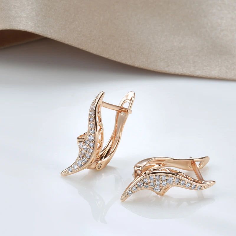 Geometric Elegance: 585 Rose Gold Drop Earrings with Natural Zircon and Micro Wax Inlay