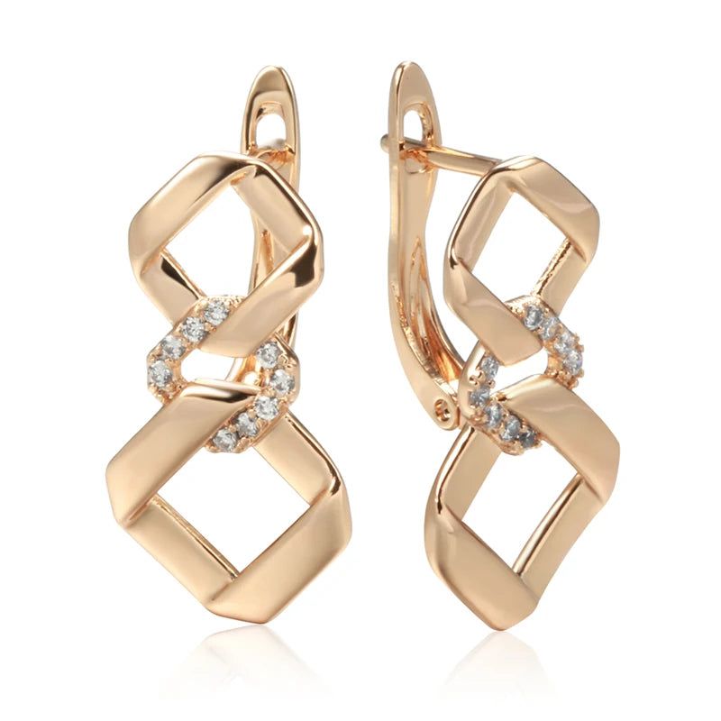 Geometric Elegance: 585 Rose Gold Drop Earrings with Natural Zircon