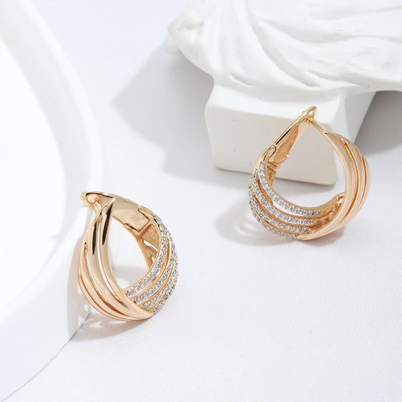 Geometric Elegance: 585 Rose Gold Drop Earrings with White Natural Zircon