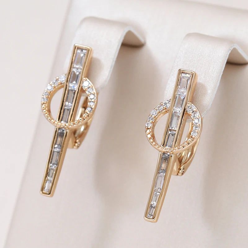 Geometric Elegance: 585 Rose Gold Long Drop Earrings with Natural Zircon