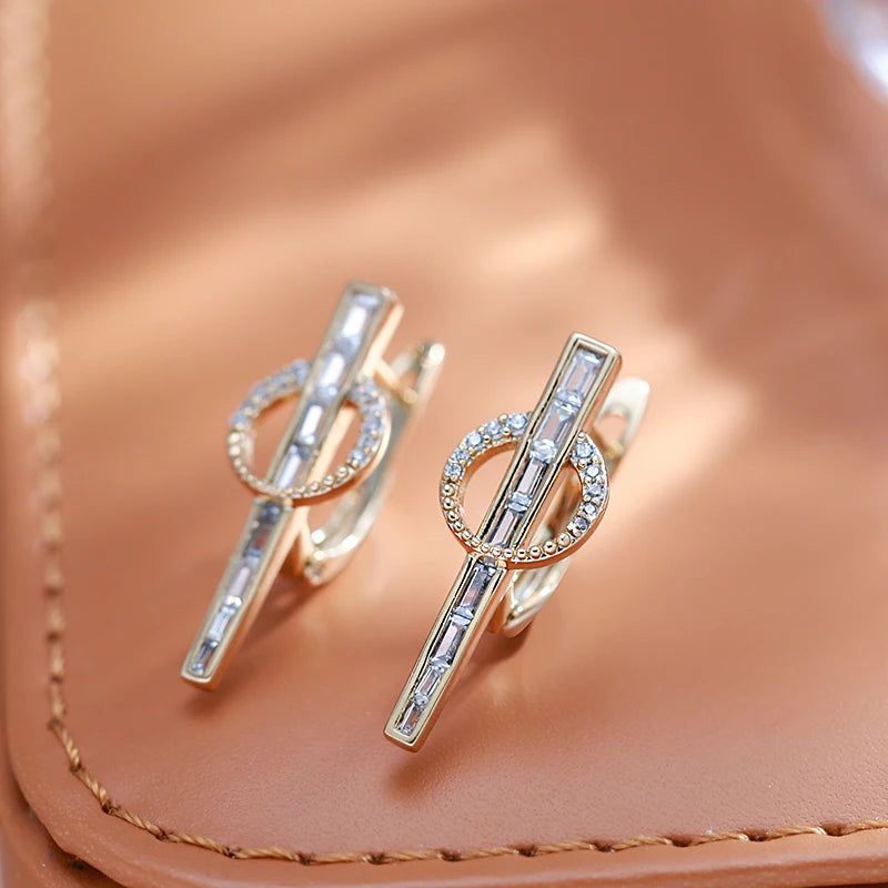 Geometric Elegance: 585 Rose Gold Long Drop Earrings with Natural Zircon