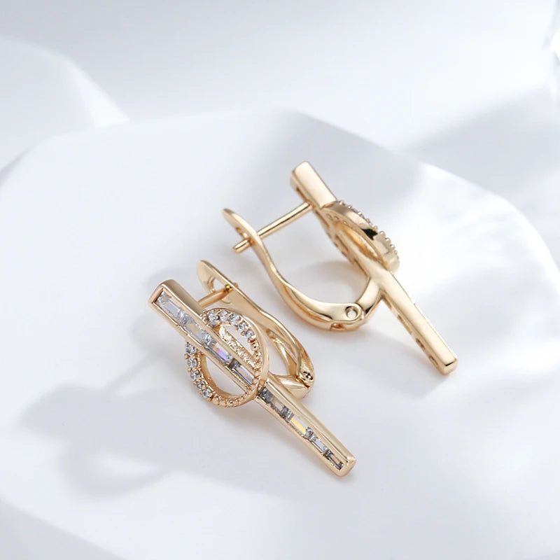 Geometric Elegance: 585 Rose Gold Long Drop Earrings with Natural Zircon