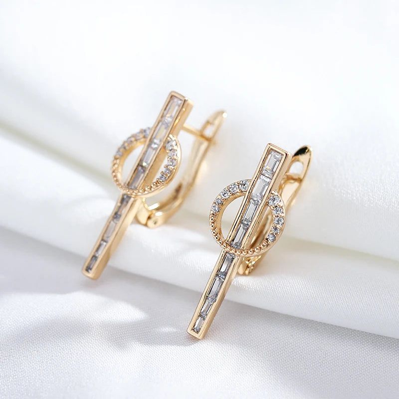 Geometric Elegance: 585 Rose Gold Long Drop Earrings with Natural Zircon