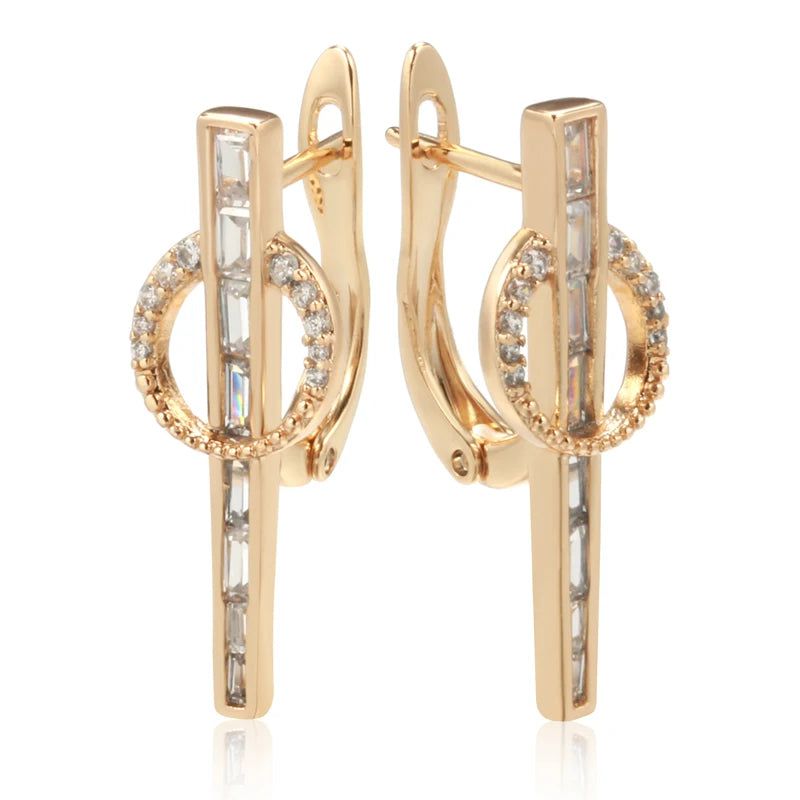 Geometric Elegance: 585 Rose Gold Long Drop Earrings with Natural Zircon