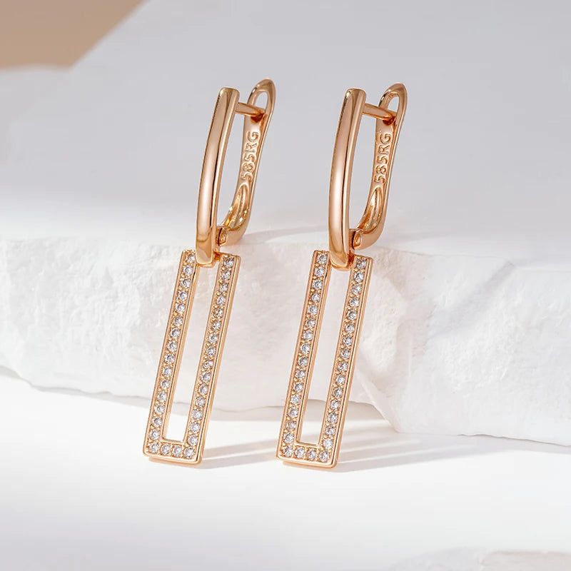 Geometric Elegance: 585 Rose Gold Plated Natural Zircon Square Earrings