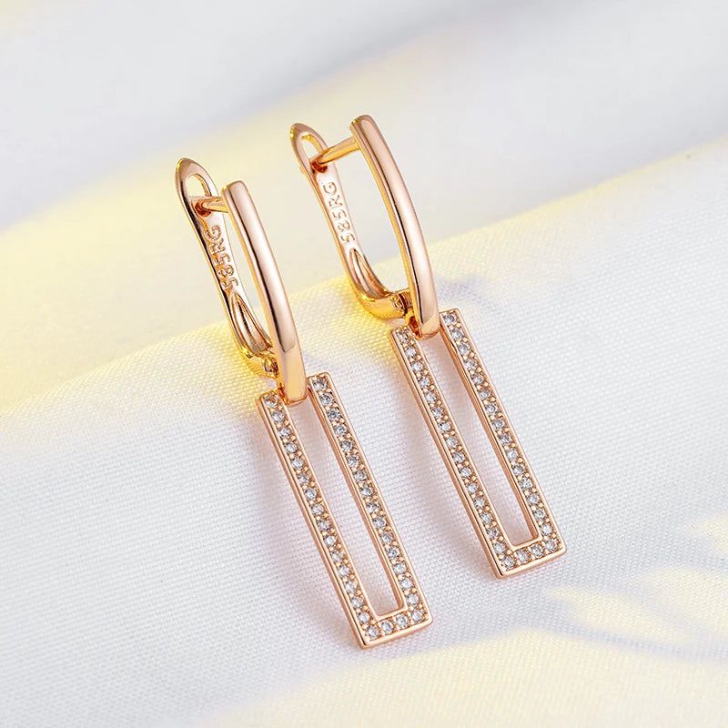 Geometric Elegance: 585 Rose Gold Plated Natural Zircon Square Earrings