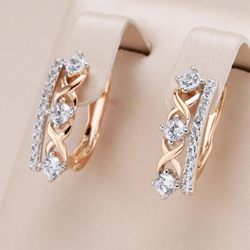 Geometric Elegance: 585 Rose Gold & Silver Drop Earrings with Natural Zircon