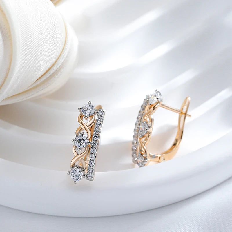 Geometric Elegance: 585 Rose Gold & Silver Drop Earrings with Natural Zircon