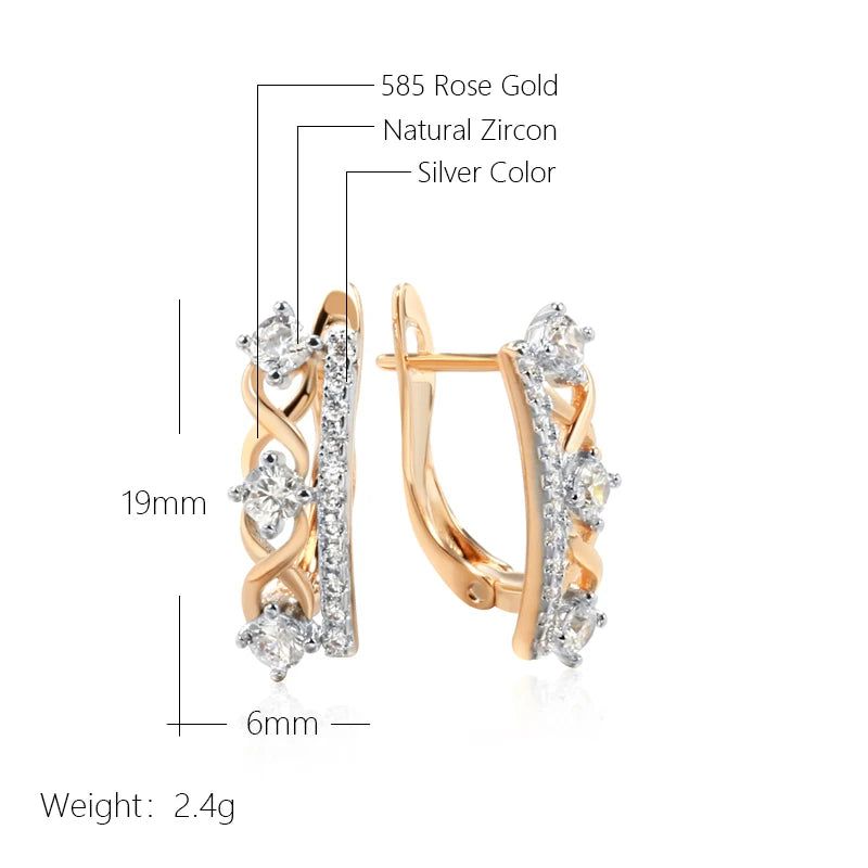 Geometric Elegance: 585 Rose Gold & Silver Drop Earrings with Natural Zircon