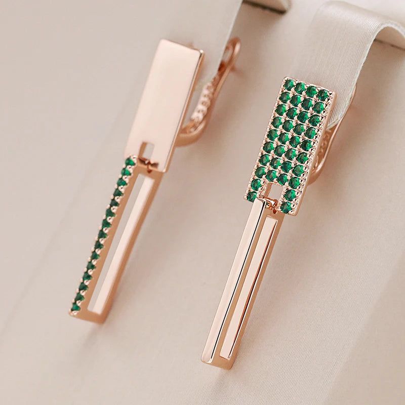 Geometric Elegance: 585 Rose Gold Square Earrings with Green Natural Zircon