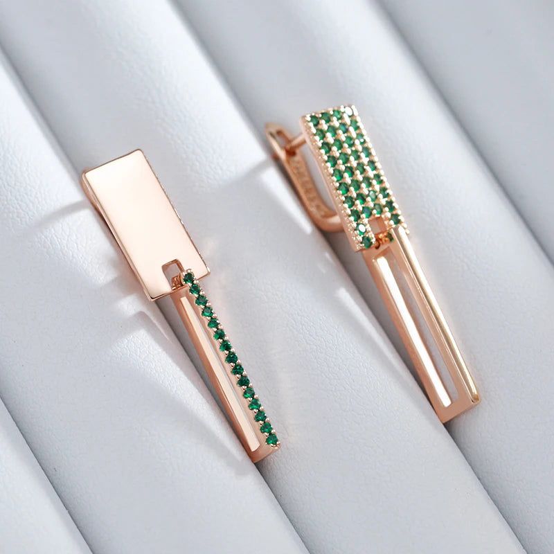 Geometric Elegance: 585 Rose Gold Square Earrings with Green Natural Zircon