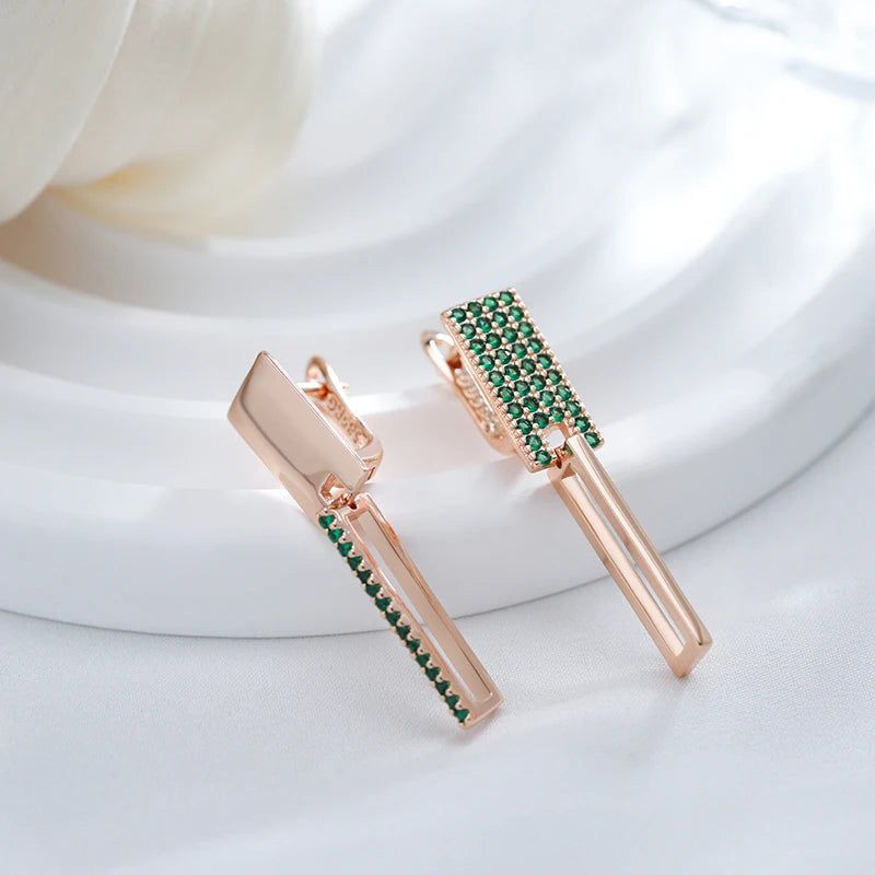 Geometric Elegance: 585 Rose Gold Square Earrings with Green Natural Zircon