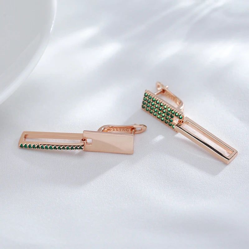 Geometric Elegance: 585 Rose Gold Square Earrings with Green Natural Zircon