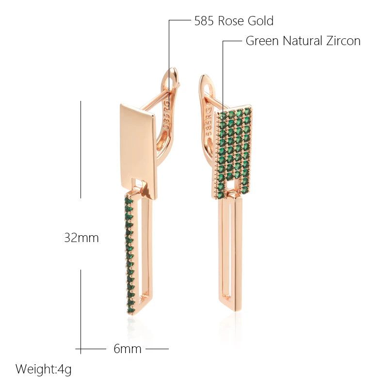 Geometric Elegance: 585 Rose Gold Square Earrings with Green Natural Zircon