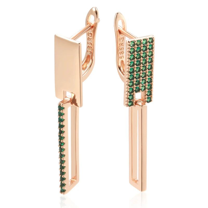 Geometric Elegance: 585 Rose Gold Square Earrings with Green Natural Zircon