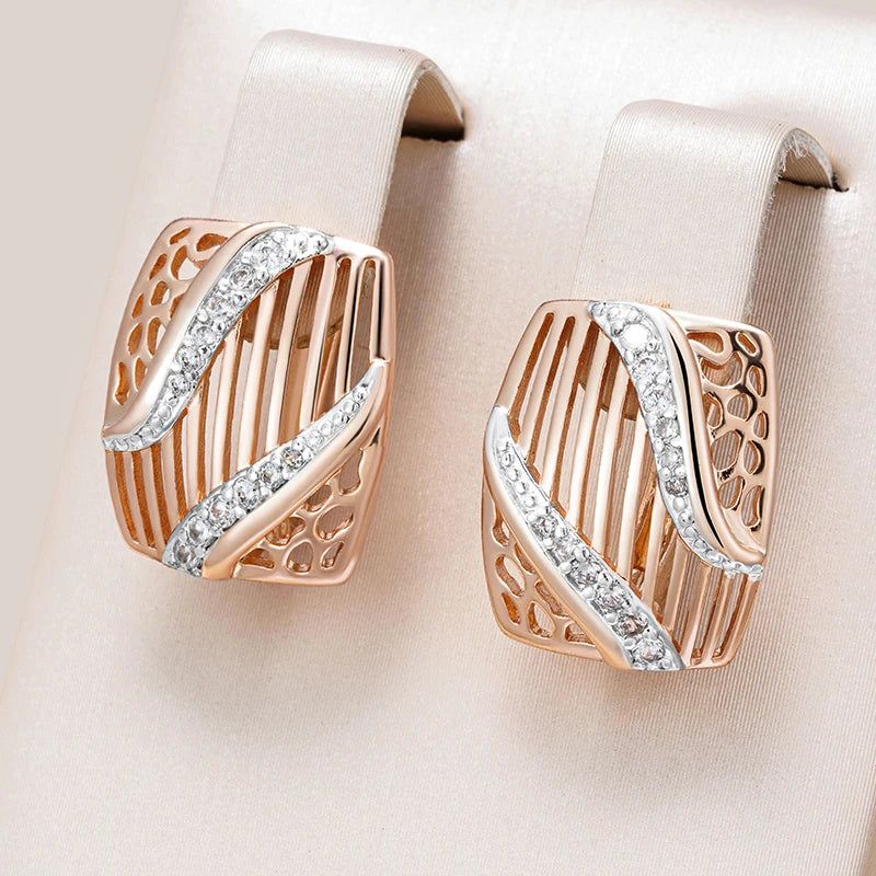 Geometric Elegance: 585 Rose Gold and Silver Square Drop Earrings with Natural Zircon