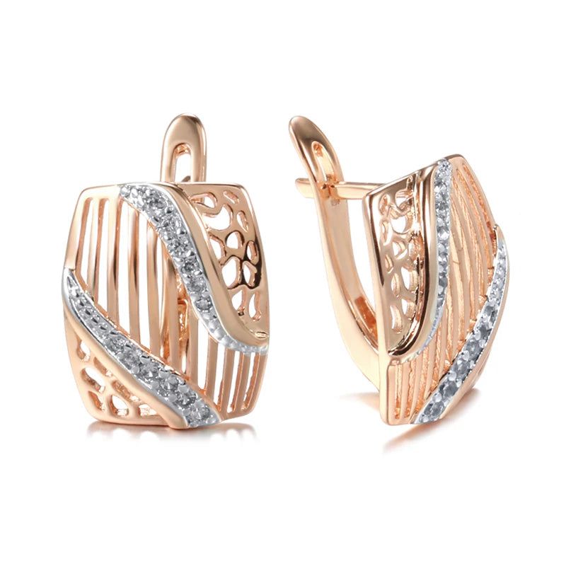 Geometric Elegance: 585 Rose Gold and Silver Square Drop Earrings with Natural Zircon