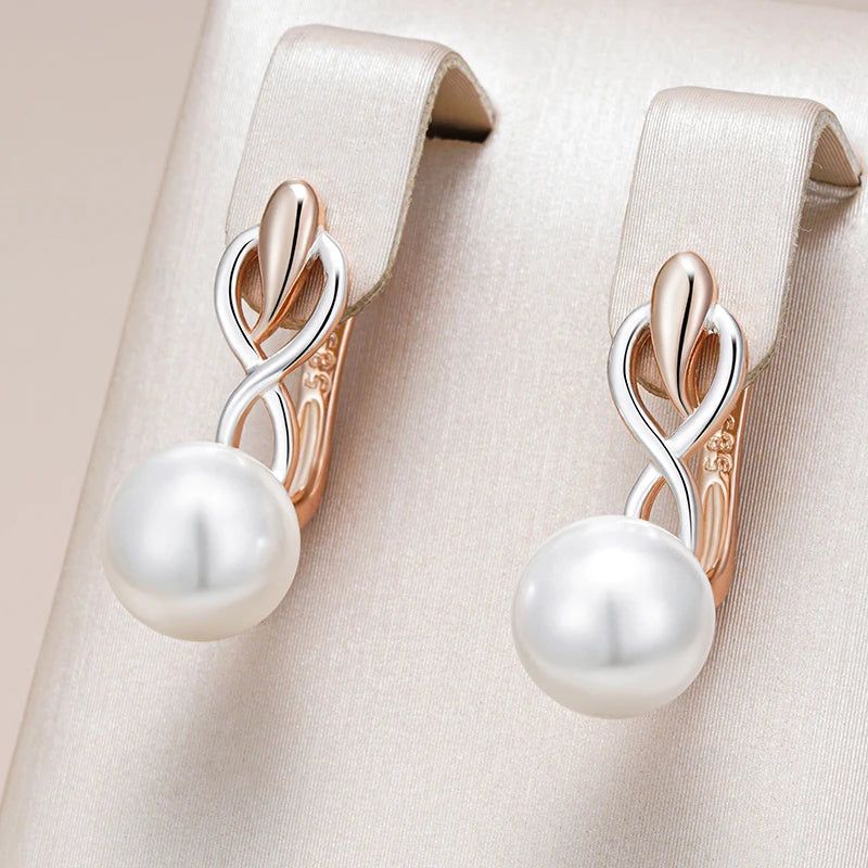 Geometric Elegance Pearl Drop Earrings in 585 Rose Gold and Silver with Natural Zircon Accents